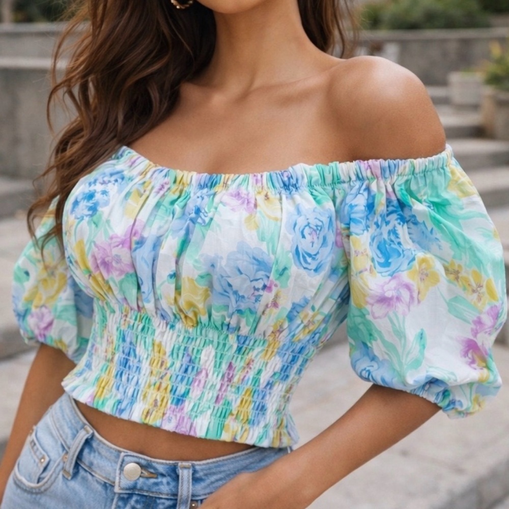🆕 Zara Watercolor Floral Off The Shoulder Crop Top Size Medium